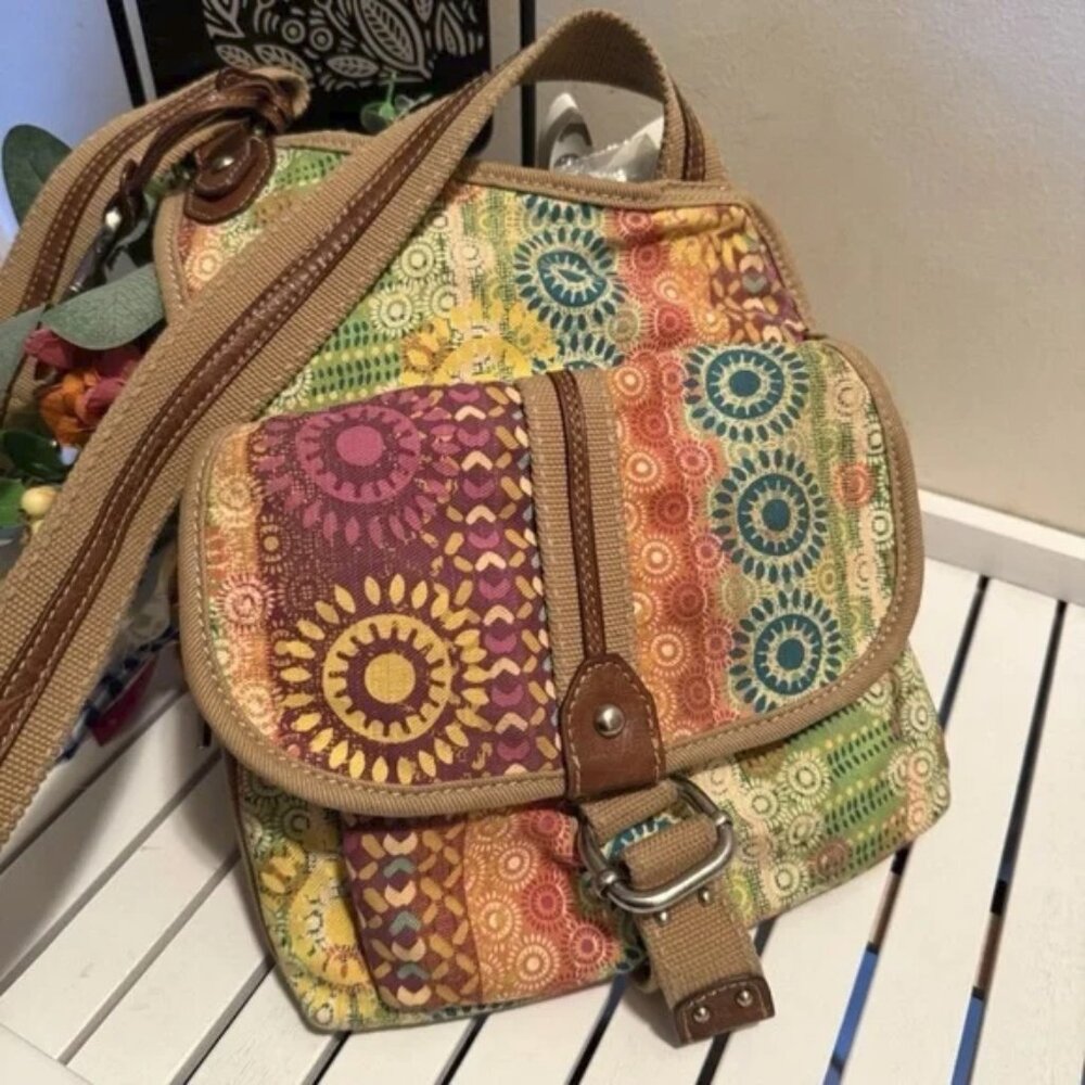 Vintage Fossil Paisley Floral Crossbody Bag Purse Canvas Messenger Hippie Boho